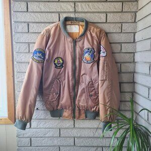 Faded MA-1 flight tan zip-up military bomber jacket with patches men's M